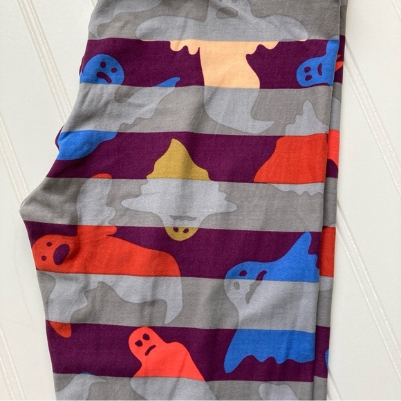 NWT LuLaRoe OS leggings Halloween purple gray striped ghosts dopamine one size - Picture 2 of 3